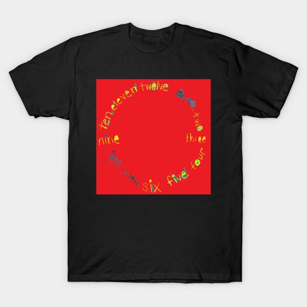 Red O'Clock with Numbers, watercolor in red blue lime green yellow T-Shirt by djrunnels